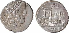 Roman republican coins Rubria, denier, Rome, 87 av. J.-C. A/DOSSEN Tête laurée de Jupiter à droite, le sceptre sur l'épaule R/A l'exergue, L RVBRI Quadrige triomphal à droite, décoré sur le devant d'u