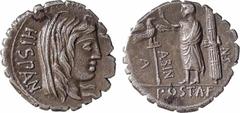 Roman republican coins Postumia, denier serratus, Rome, 81 av. J.-C. A/HISPAN Tête voilée de l'Espagne à droite R/A/ POST A F/ S N/ ALBIN Personnage en toge, debout à gauche, tendant la main vers une 