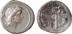 Roman republican coins Plaetoria, denier, Rome, 69 av. J.-C. A/Anépigraphe Tête d'un jeune dieu (Mercure ?) à droite, les cheveux longs flottant ; derrière, marque de contrôle R/M PLAETORI/ CEST EX S 