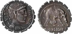 Roman republican coins Hosidia, denier, Rome, 68 av. J.-C. A/GETA III VIR Buste drapé de Diane à droite, l'arc et le carquois derrière l'épaule R/A l'exergue, C HOSIDI C F Sanglier à droite, attaqué p