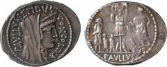 Roman republican coins Aemilia, denier, Rome, 62 av. J.-C. A/PAVLLVS LEPIDVS CONCORDIA Tête diadémée et voilée de la Concorde à droite R/TER/ PAVLLVS Personnage en toge debout à gauche, touchant le tr
