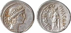 Roman republican coins Acilia, denier, Rome, 49 av. J.-C. A/SALVTIS Tête laurée de Salus à droite R/MN ACILIVS III VIR VALETV Valetudo debout à gauche, tenant un serpent et s'appuyant sur une colonne 