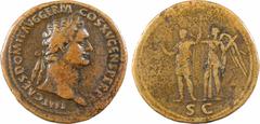 Roman imperial coins Domitien, sesterce, Rome, 86 A/IMP CAES DOMIT AVG GERM COS XV CENS PER P P Tête laurée à droite R/A l'exergue, S C L'Empereur debout à gauche, tenant un foudre et une lance, couro