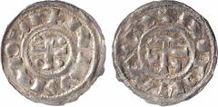 Feudal coins Normandie (duché de), Richard Ier, denier au monogramme, s.d. (943-996) Rouen A/+ RICARDVS, S couchée Croix cantonnée de quatre besants R/+ ROTOMAGVS, S couchée Monogramme Argent 20,0 mm 