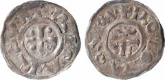 Feudal coins Normandie (duché de), Richard Ier, denier au monogramme, s.d. (943-996) Rouen A/+ RICARDVS, S couchée Croix cantonnée de quatre besants R/+ ROTOMAGVS, S couchée Monogramme Argent 19,7 mm 