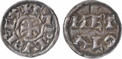Feudal coins Poitou (comté de), au type de Charles le Simple, denier immobilisé, Melle, s.d. (c.950-980) A/+ CARLV[S] REX, S inversée Croix En deux lignes : MET/ ALO Argent 20,2 mm 1,30 g 5 h TTB+ Dy.
