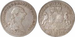 World coins : Europe Allemagne, Brandebourg-Ansbach, Alexandre, thaler, 1767 KK Schwabach A/ALEXANDER. D. G. MARCH: BRAND: D: E: et. S Buste tête nue à droite d'Alexandre ; en-dessous signature G R/ZE
