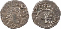 Merovingian coins Austrasie, Yvois-Carignan, trémissis fourré, s.d. (c.675) A/EC FITVI VE Buste à droite, la chevelure formée de points R/VOMOA/// Croix dans un grènetis, avec C - A TTB, RR. Argent, 1