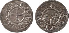 Carolingian coins Au nom de Charles Empereur (le chauve ou le Gros), denier, fin du IXe s., Arles A/+ CARLVS INPER Croix R/(à 9 h.) + ARELV CIVIS + Monogramme de Charles TTB.Argent, 21,0 mm, 1,74 g, 5