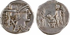 Roman republican coins Veturia, denier, Rome, 137 av. J.-C Veturia, denier, Rome, 137 av. J.-C A/TI VET Buste casqué et drapé de Mars à droite ; derrière, X R/[ROMA] Argent 18,5 mm 3,89 g 9 h Scène de
