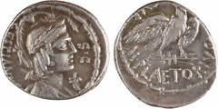 Roman republican coins Plaetoria, denier, Rome, 67 av. J.-C Plaetoria, denier, Rome, 67 av. J.-C A/CESTIANVS/ S C Buste casqué et drapé d'une divinité plurielle à droite, portant une couronne composée