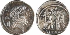 Roman republican coins Nonia, denier, Rome, 59 av. J.-C Nonia, denier, Rome, 59 av. J.-C A/SVFENAS S C Tête de Saturne à droite ; derrière, un harpon et une pierre conique R/PR L V P F/ SEX NONI Argen