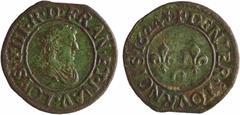 Capetian coins Louis XIII, denier tournois, 1er type, 1624 Riom Louis XIII, denier tournois, 1er type, 1624 Riom A/LOYS. XIII. R. D. FRAN. ET. NAV. Buste du Roi à droite, lauré, drapé et cuirassé, ave