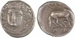 Greek coins Thessalie, Larissa, drachme, c.356-342 av. J.-C. A/Anépigraphe Tête de la Nymphe Larissa vue de trois quarts de face à gauche R/LAR[IS]/ AIW[N] Cheval broutant à droite, la patte gauche le