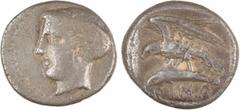 Greek coins Paphlagonie, Sinope, drachme, c.410-350 av. J.-C. A/Anépigraphe Tête de la nymphe Sinope à gauche, les cheveux tenus dans un saccos ; le tout dans un grènetis R/ΣINΩ Aigle volant à gauche,