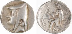 Greek coins Parthe (royaume), Arsacès Ier, drachme, Nisa ? Tête à gauche d'Arsacès Ier R/APΣAKOY Archer assis à gauche, inscription araméenne KRNY à gauche, et grecque à droite ; monogramme sous le tr