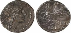 Roman republican coins Junia, denier, Rome, 91 av. J.-C. A/Anépigraphe Tête casquée de Roma à droite ; derrière, lettre de contrôle R/A l'exergue, D SILANVS L F/ ROMA La Victoire dans un bige à droite