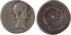 Roman republican coins Octave, denier, 35-34 av. J.-C. Tête nue d'Octave à droite R/IMP CAESAR DIVI F Bouclier circulaire TB. Argent, 18,0 mm, 3,81 g, 2 h RCV. 1546 Droit légèrement décentré
