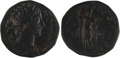 Roman imperial coins Commode, sesterce, Rome, 180 A/M COMMODVS ANTONINVS AVG Buste lauré à droite, drapé et cuirassé, vu de trois quarts en arrière R/TR P V IMP II-II COS II P P/ S/ C L'Empereur debou