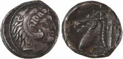 Greek coins Sicile, Siculo-puniques, Carthaginois en Sicile, tétradrachme, 320-290 av. J.-C. A/Anépigraphe Tête de Melqart-Héraclès à droite, coiffée de la peau de lion R/Légende punique [MHMNHT, la M