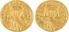 Byzantine coins Léon III et Constantin V, solidus, Constantinople, 717-741 A/DNO LEO - N P A MyLI Buste couronné et drapé de Léon III vu de face, avec une barbe courte, tenant un globe crucigère et l'