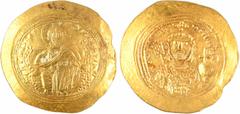 Byzantine coins Constantin IX, Histaménon nomisma (scyphate), Constantinople, 1042-1055 A/IhS XIS REX - REGNANTINM Le Christ nimbé, assis sur un trône de face, tenant les Evangiles R/CWnStAnTn - bASIL