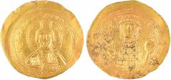 Byzantine coins Constantin IX, Histaménon nomisma (scyphate), Constantinople, 1042-1055 A/+ IhS XIS REX - REGNANTINM Le Christ nimbé, assis sur un trône de face, tenant les Évangiles R/CWnStAnTn - bAS