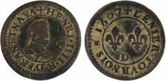 Capetian coins Henri IV, denier tournois hybride du Dauphiné aux différents de Grenoble et Lyon (Z/D), 1607 Lyon A/(à 12 h.) + HENRI. IIII. R. D. FRAN. ET. NAVA Buste à droite du Roi, lauré et cuirass