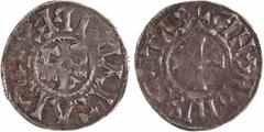 Feudal coins Le Mans, au nom de Charles le Chauve, denier immobilisé, Le Mans, s.d. (c.950 ?) A/(à 9 h.) + GRATIA D-I REX, légende rétrograde Monogramme de Charles R/+ CINOMANIS CIVTAS Croix TTB / TTB