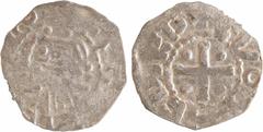 Feudal coins Vermandois (comté de), Héribert III et Lothaire, denier, s.d. (987-1002) A/+ LO[DARI]VS Tête barbue à gauche R/+ CVO///DNRD Croix cantonnée de quatre besants TB+ RR Argent 19,7 mm 1,17 g 