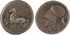 Greek coins Corinthe, statère, c.345-307 av. J.-C A/Anépigraphe Pégase volant à gauche ; en dessous, lettre punique R/Anépigraphe Tête d'Athéna à gauche, coiffée du casque corinthien, orné d'une couro