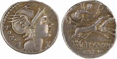 Roman republican coins Flaminia, denier, Rome, c.109-108 av. J.-C A/ROMA Tête casquée de Roma à droite ; devant, la lettre X R/L FLAMINI/ CILO La Victoire dans un bige à droite, tenant une couronne Ar