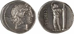 Roman republican coins Marcia, denier, Rome, 82 av. J.-C A/Anépigraphe Tête laurée d'Apollon à droite R/L CENSOR Le satyre Marsyas marchant à gauche, levant le bras droit, portant sur son épaule gauch