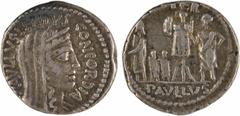 Roman republican coins Aemilia, denier, Rome, 62 av. J.-C A/PAVLLVS LEPIDVS CONCORDIA Tête diadémée et voilée de la Concorde à droite R/TER/ PAVLLVS Personnage en toge debout à gauche, touchant le tro