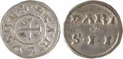 Carolingian coins Charles le Chauve, denier, Paris A/(à 1 h.) + CA.RLVS R.EX Croix Au centre, en deux lignes : PARI/ S.II Argent 20,4 mm 1,65 g 7 h TTB+, RR D.761 (21 ex.), MG.826 v. Rare denier, avec