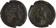 Greek coins / Monnaies grecques Sicile, Syracuse, Hiketas, hémilitron, 287-278 av. J.-C A/ΔΙΟΣ ΕΛΛΑΝΙΟΥ Tête laurée et imberbe de Zeus Hellanios (Jupiter grec) à droite R/ΣΥΡΑΚ−ΟΣΙΩΝ Aigle debout à ga