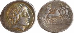 Roman republican coins / Monnaies de la République romaine Anonyme, denier, Rome, 86 av. J.-C A/Anépigraphe Tête laurée d'Apollon à droite ; en dessous, un foudre R/Anépigraphe Jupiter dans un quadrig