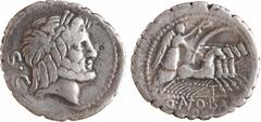Roman republican coins / Monnaies de la République romaine Antonia, denier serratus, Rome, 83 av. J.-C A/S C Tête laurée de Jupiter à droite ; en dessous, lettre de contrôle T R/Q ANTO BALB/ PR La Vic