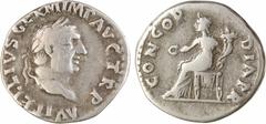 Roman imperial coins / Monnaies de l'Empire romain Vitellius, denier, Rome, avril-mai 69 A/A VITELLIVS GERM IMP AVG TRP Tête laurée à droite R/CONCOR-DIA PR La Concorde assise à gauche, tenant une pat