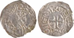 Feudal coins / Monnaies féodales Champagne (comté de), Eudes, denier, s.d. (c.1030) Reims A/+ [légende dégénérée] Tête de face du comte Eudes R/+ légende dégénérée Croix Argent 23,2 mm 1,28g 4 h TTB+,