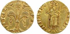 Jean II, florin d'or, (1360) Montpellier ou Toulouse. Or, 19,0 mm, 3,06 g. Dy.346 TTB, R. Avec différent un heaume, ce florin est un monnayage du Roi Jean II pour le Languedoc. De flan un peu court ma