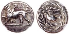 Ancient Greek Coins Sikyonia, Sikyon. Silver Stater (12.00 g), ca. 335-330 BC. ΣE below, chimaera prowling left; above, wreath. Reverse: Dove flying left; before, I; all within wreath. BCD Peloponneso