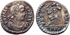 Ancient Roman Coins Valens. Silver Siliqua (2.16 g), AD 364-378. Treveri, AD 367-375. D N VALENS P F AVG, diademed, draped and cuirassed bust of Valens right. Reverse: VRBS ROMA, Roma seated left on t