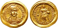 Ancient Roman Coins Theodosius II, 402-450 AD. Gold Solidus (4.49g). Mint of Constantinople, AD 425. Helmeted and cuir. bust three-quarter facing to r., holding spear and shield. Reverse: SALVS REI PV