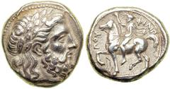 Kingdom of Macedon. Philip II, 359-336 BC. AR Tetradrachm (14.13 g) minted at Amphipolis, c. 356-348 BC. Laureate head right of Zeus. Reverse: Philip, wearing kausia, riding horse pacing left, his rig