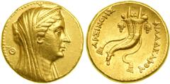 Ptolemaic Kingdom. Arsinoê II, wife of Ptolemy II, d. 270 BC. Gold Oktadrachm (or Mnaieion; 27.74 g), struck by Ptolemy. Diademed and veiled bust right of Arsinoê II, lotus scepter behind bust; theta 