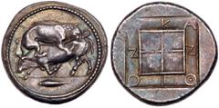 Ancient Coins Macedonia, Akanthos. Silver Tetradrachm (17.11 g), ca. 425 BC. Lion right attacking bull collapsing left; in exergue, fish left. Reverse: AKANΘION, in shallow incuse around quadripartite