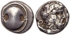 Ancient Coins Boiotia, Thebes. Silver Stater (11.90 g), ca. 425-395 BC. Boiotian shield. Reverse: Θ-[E], bearded head of Dionysos right, wreathed with ivy; all within concave incuse. BCD Boiotia 442-3