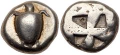 Ancient Coins Islands off Attica, Aegina. Silver Stater (12.01 g), ca. 510-490 BC. Sea turtle, head in profile. Reverse: Windmill pattern with four sunken segments. Milbank pl. I, 11; Asyut Group IV. 