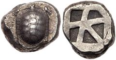 Ancient Coins Islands off Attica, Aegina. Silver Stater (12.37 g), ca. 456/45-431 BC. Land tortoise with segmented shell. Reverse: Large square incuse with skew pattern. Meadows grp. Iiib; Milbank pl.